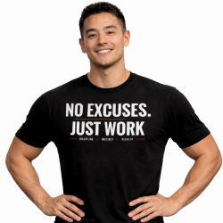 T-Shirt Homme “No Excuses. Just Work” Noir - Spider Instinct - Vue de face sur un mannequin eurasien