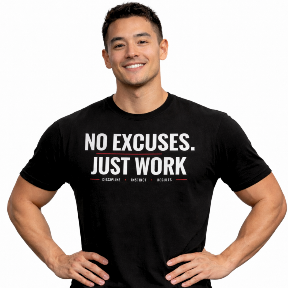 T-Shirt Homme “No Excuses. Just Work” Noir - Spider Instinct - Vue de face sur un mannequin eurasien T-Shirt Homme “No Excuses. Just Work” Noir - Spider Instinct - Vue de face sur un mannequin eurasien